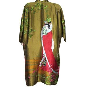 New Vintage ZHONG SANG Satin Kimono Robe M Brown Geisha Knee Length Belted